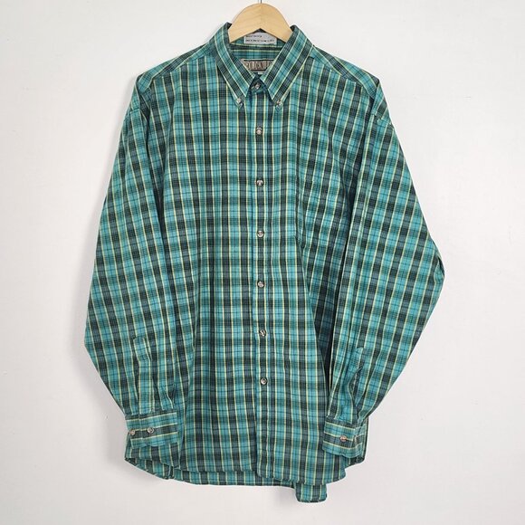 Vtg Cotton Plaid Long Sleeve Collared Button Down Shirt Turquoise Green Yellow - Picture 11 of 16